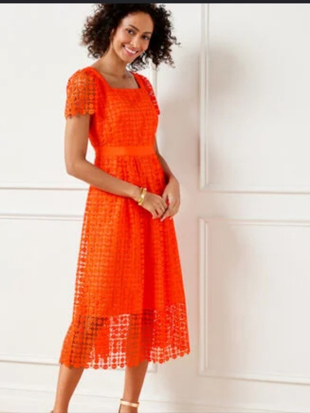 Talbots Bright Orange Lace Fit And Flare Midi Dress